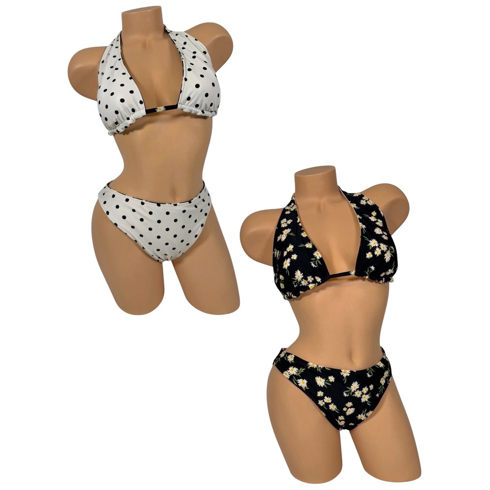 Shade & Shore Reversible Bikini Set Black White Daisy Floral Polka Dot Large
